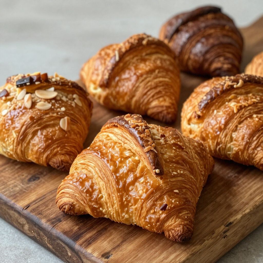 Golden, flaky croissants on a wooden board; some topped with nuts and chocolate.