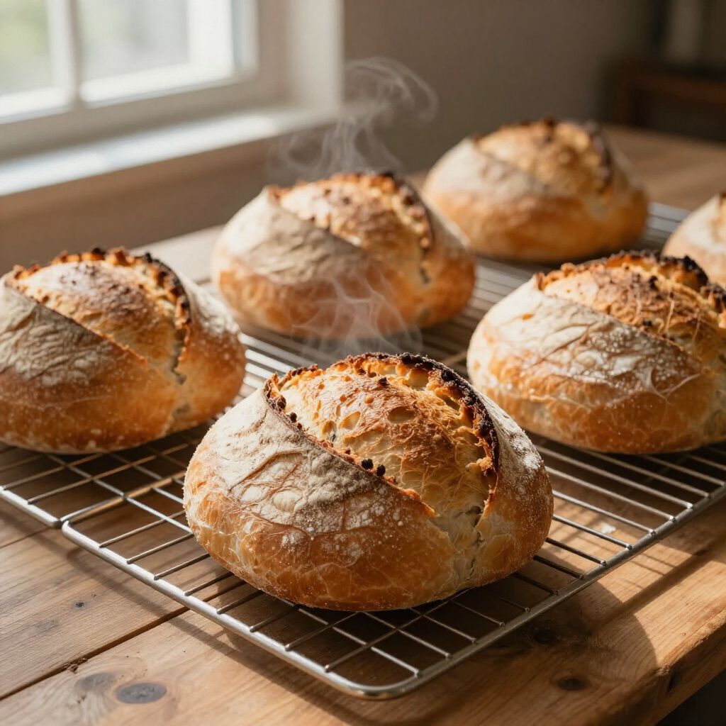Freshly baked loaves of bread cooling on a wire rack on a wooden table.