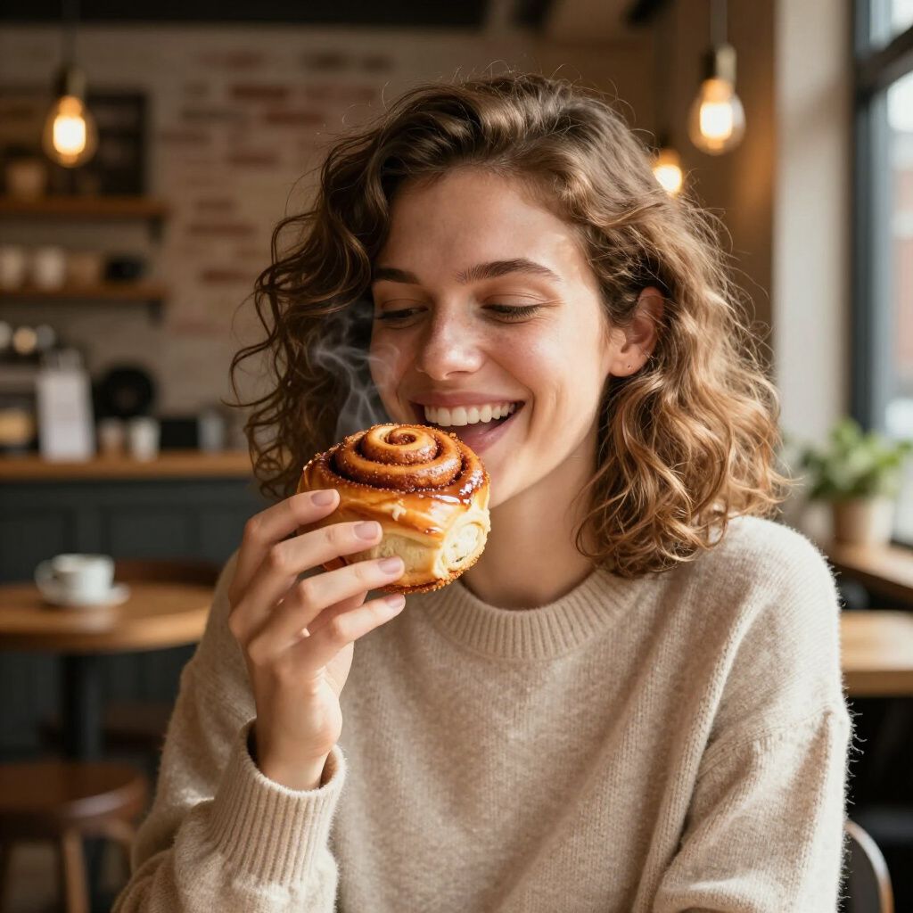 Woman smiling, about to eat a warm cinnamon roll in a cafe setting with soft lighting.