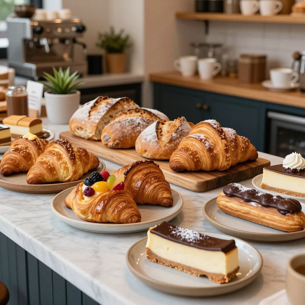 Assortment of pastries and bread displayed on a marble counter in a bakery setting.