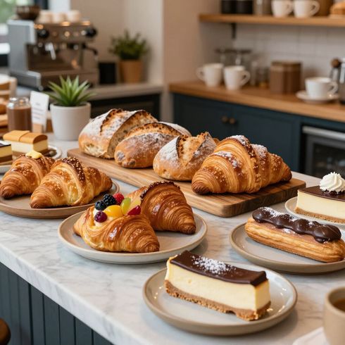 Assortment of pastries and bread displayed on a marble counter in a bakery setting.