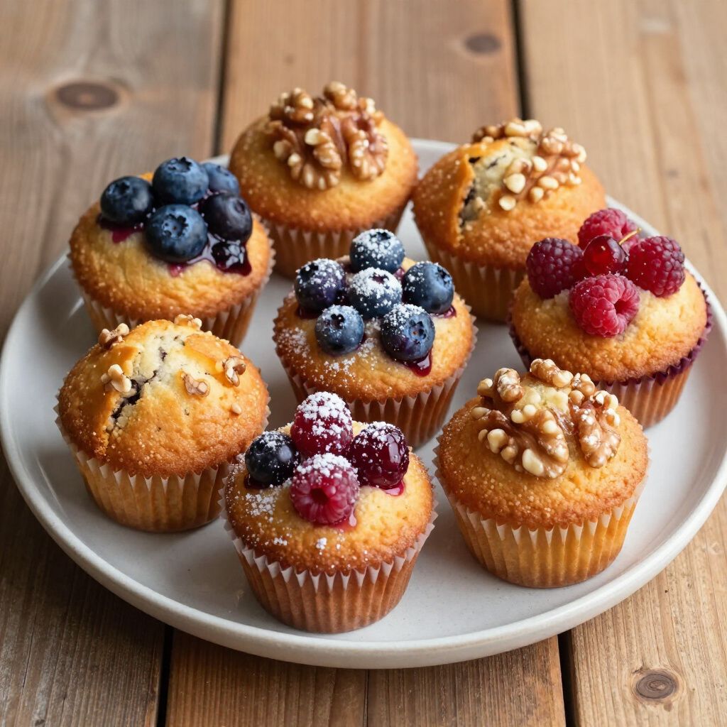Plate of muffins topped with blueberries, raspberries, and walnuts, on a wooden surface.