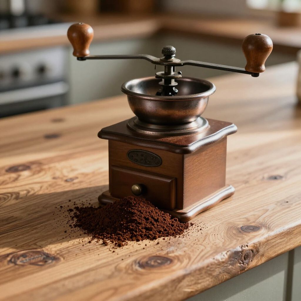 Manual coffee grinder on a wooden countertop with a pile of coffee grounds.