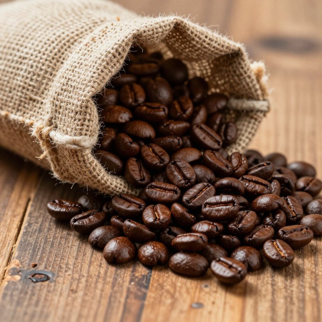 Coffee beans spilling from a burlap sack onto a wooden surface.