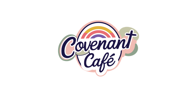 Covenant Café logo with rainbow and pastel colors.