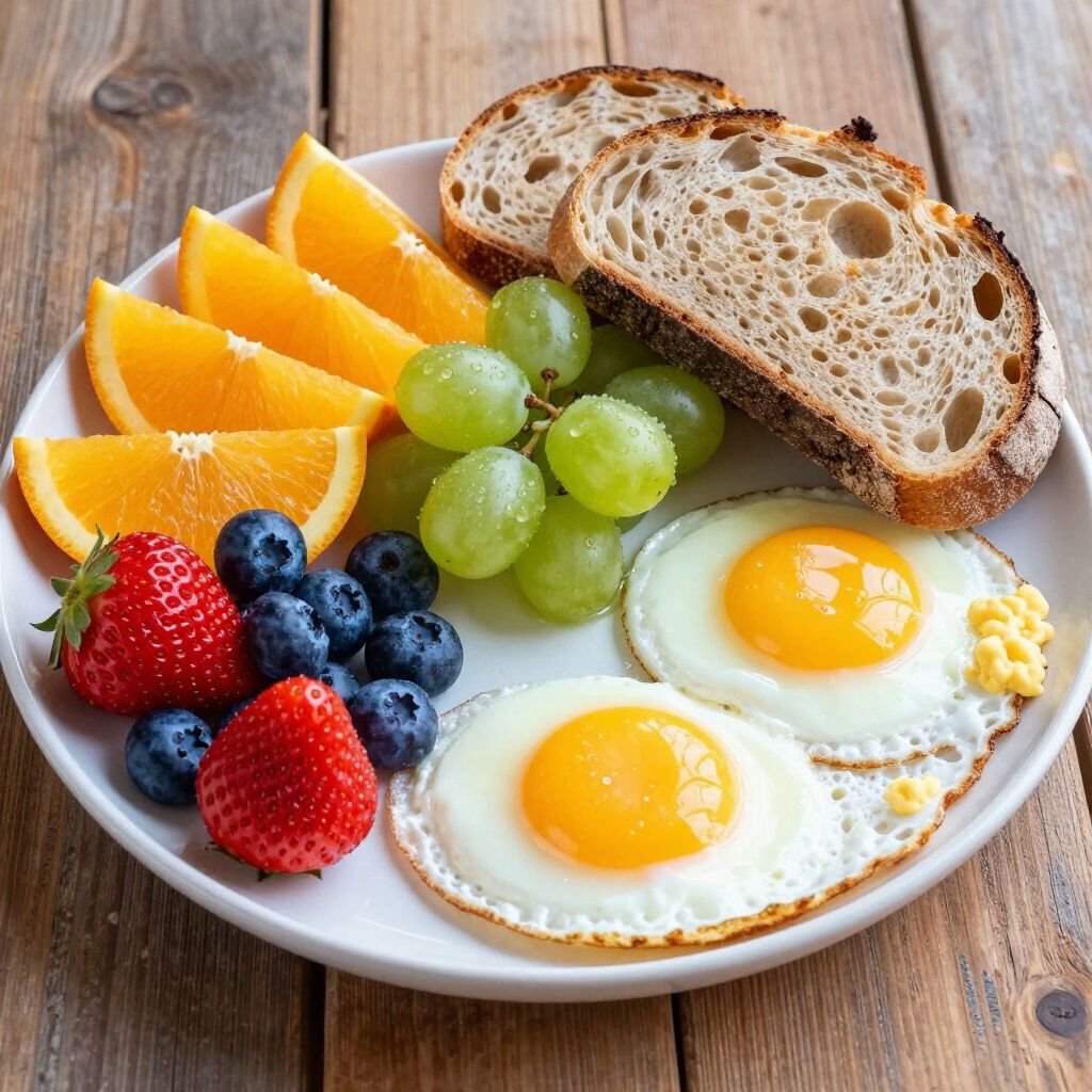 Breakfast plate: two fried eggs, sliced oranges, grapes, blueberries, strawberries, and bread.