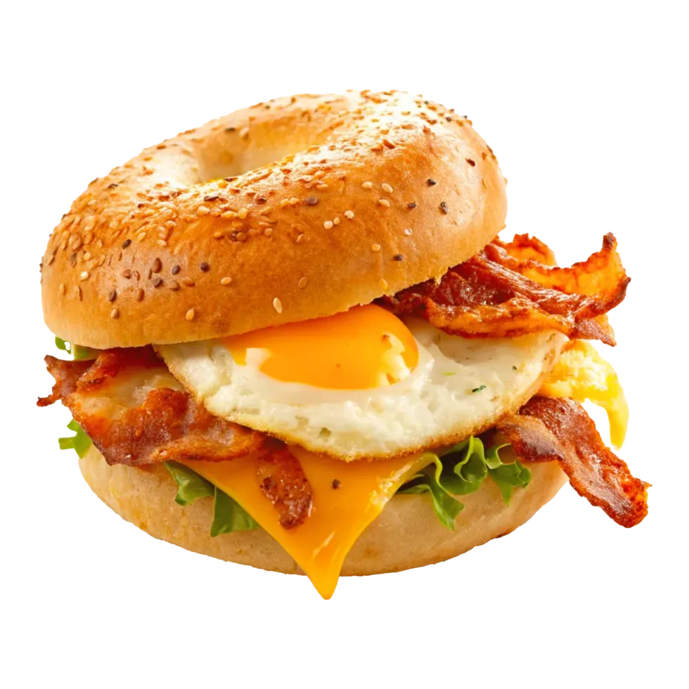 Bagel sandwich with fried egg, bacon, and cheese.
