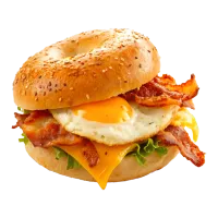 Bagel sandwich with fried egg, bacon, and cheese.