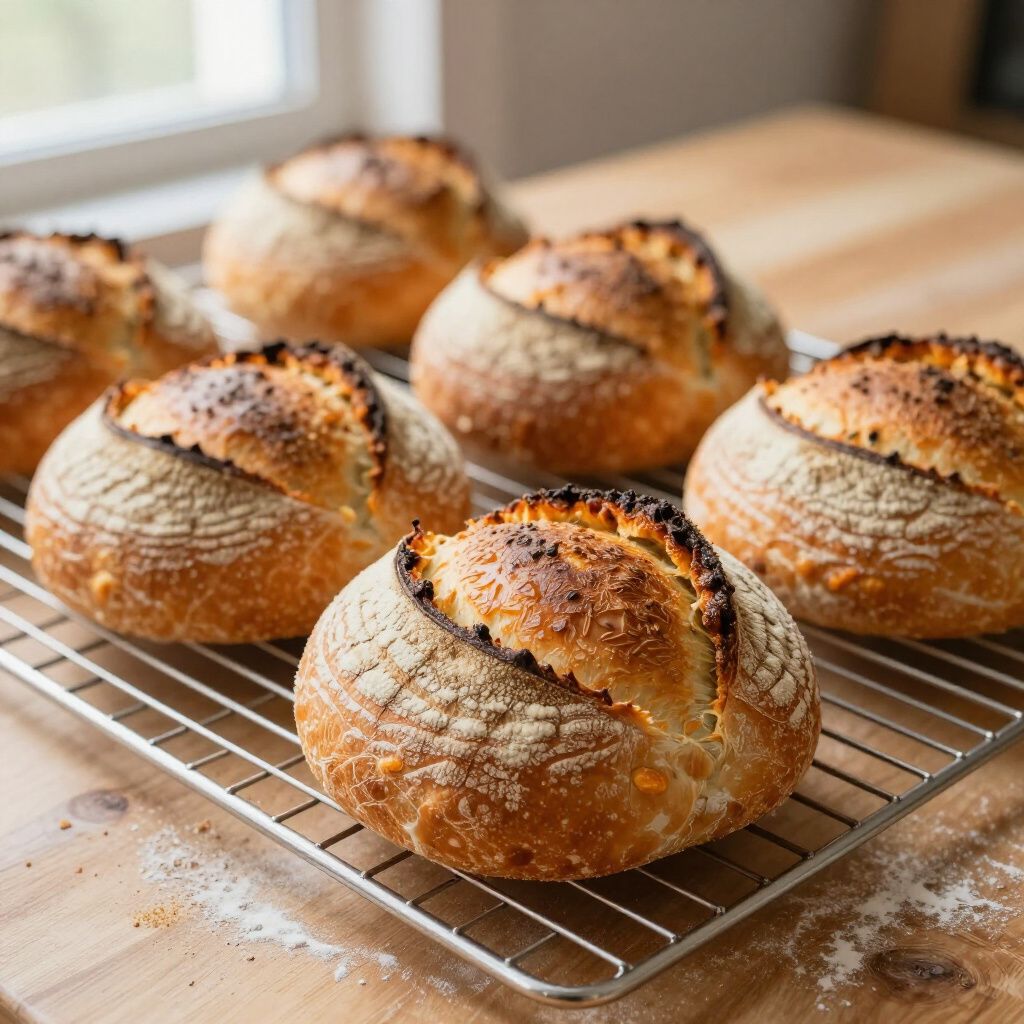 Six freshly baked sourdough loaves on a cooling rack, set on a wooden table near a window.