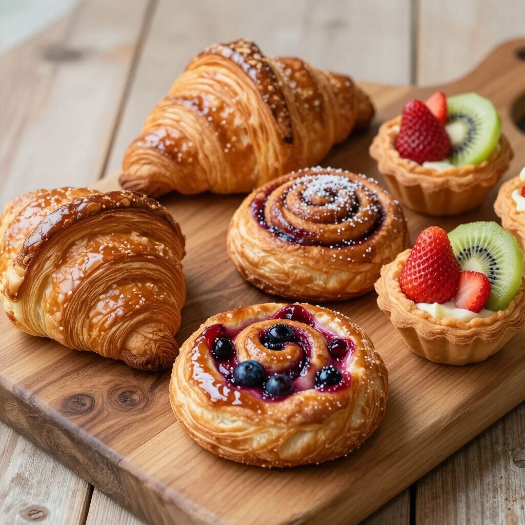 Pastries on a wooden board: croissants, cinnamon roll, berry danishes, and fruit tarts, on a wooden board, close up.