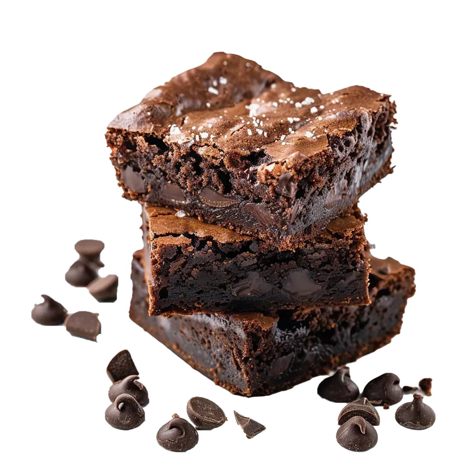 Three chocolate brownies stacked with scattered chocolate chips.