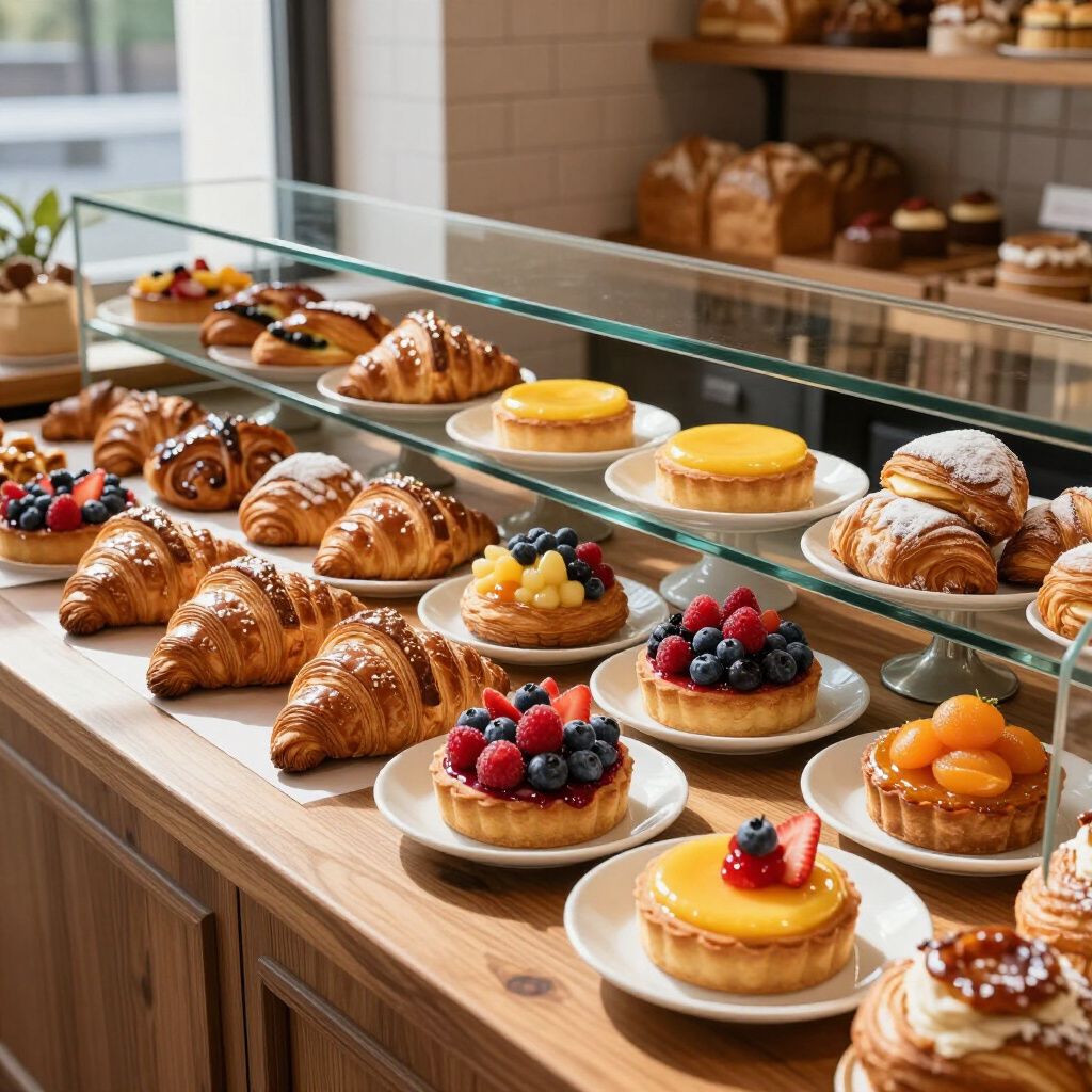 Pastries and croissants on display in a bakery.