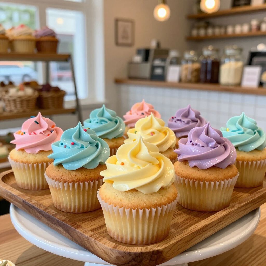 Cupcakes with colorful frosting on a wooden tray, bakery background.