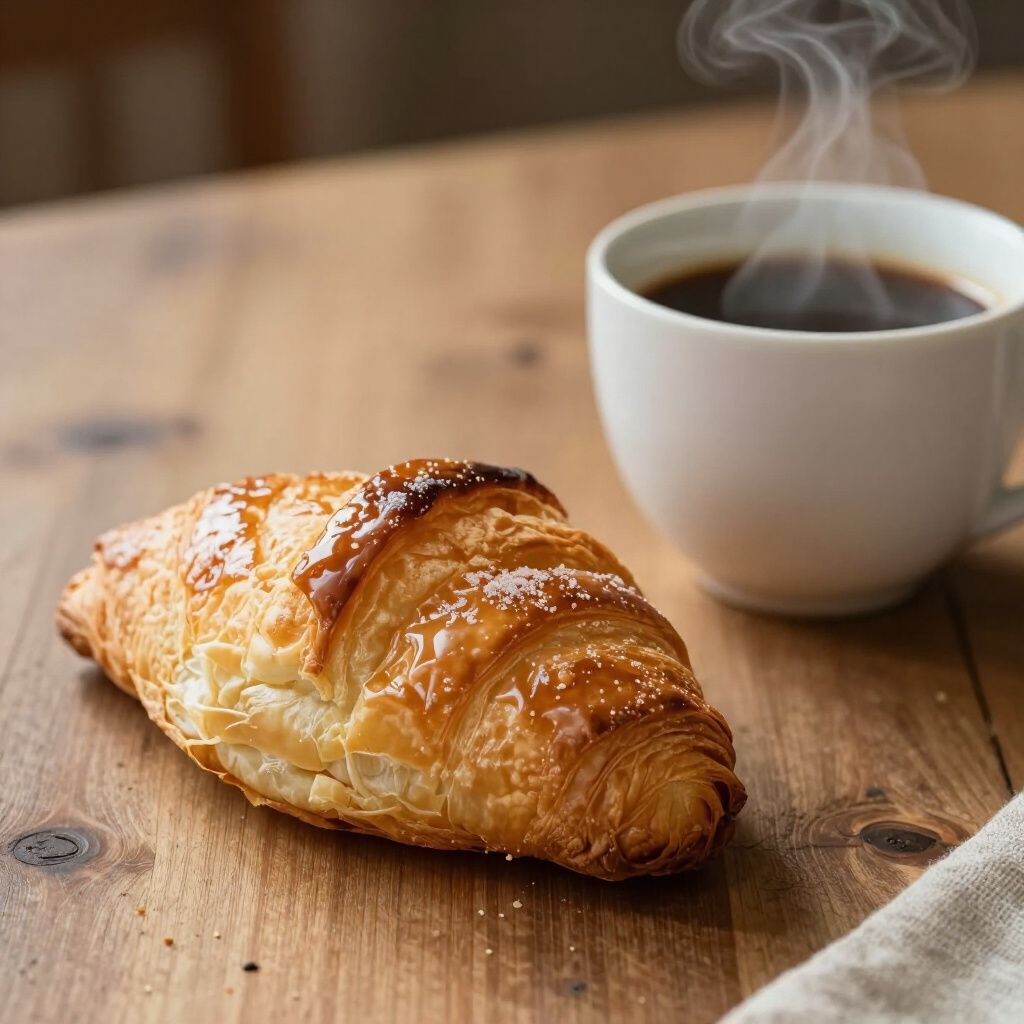 Croissant and coffee in a white mug on a wooden table.