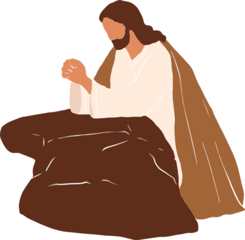 Man in white robes, brown shawl, and beard praying with hands clasped, resting on a brown rock.