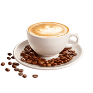Latte in a white cup on a saucer, surrounded by scattered coffee beans.