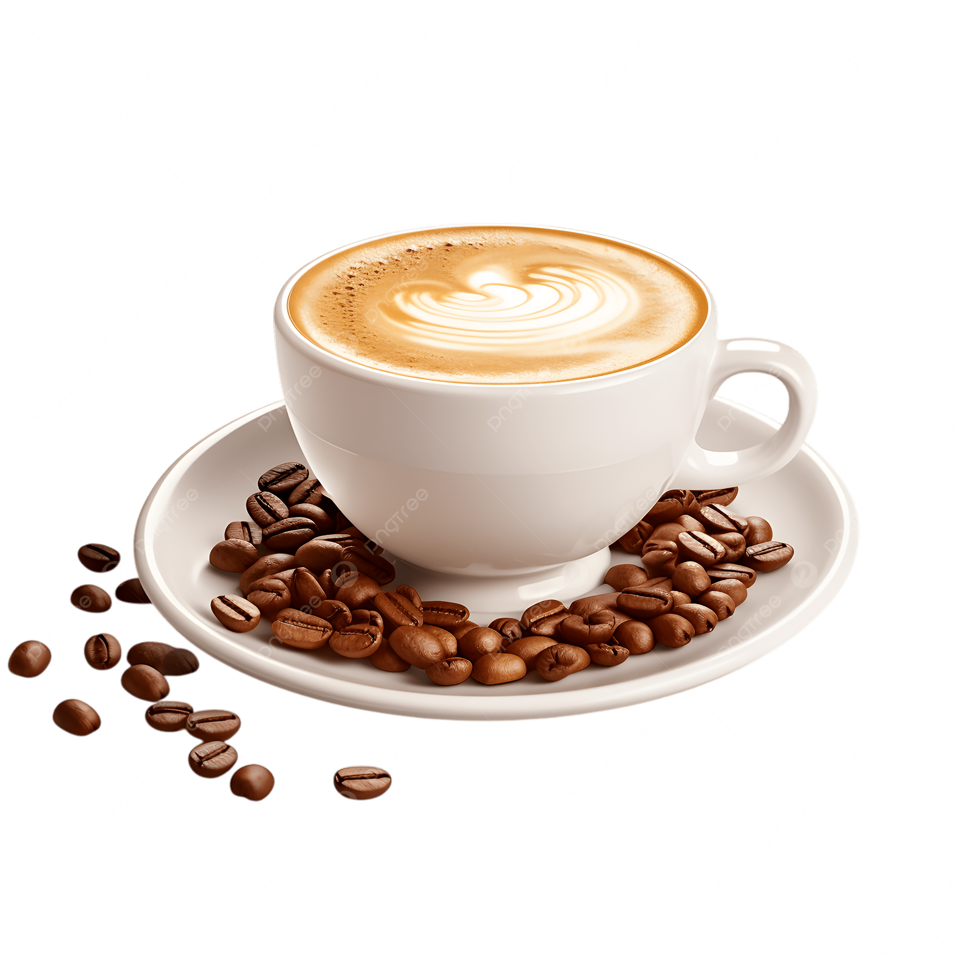 Latte in a white cup on a saucer, surrounded by scattered coffee beans.
