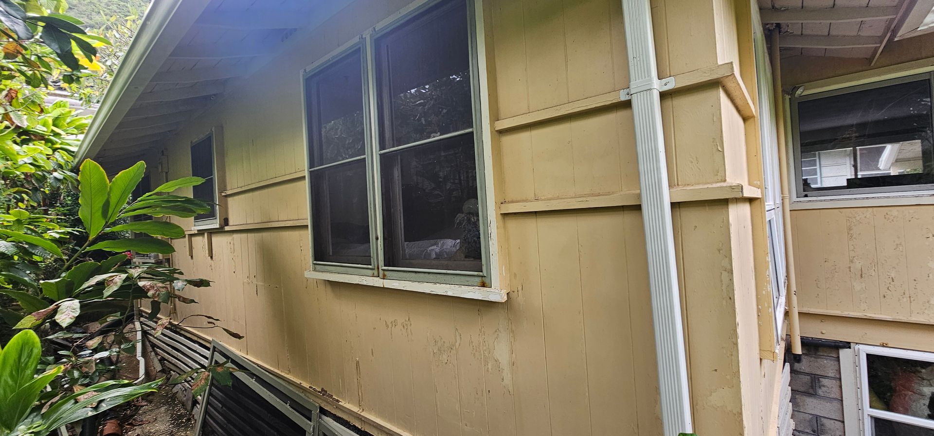 A house with a lot of windows and a gutter on the side of it.