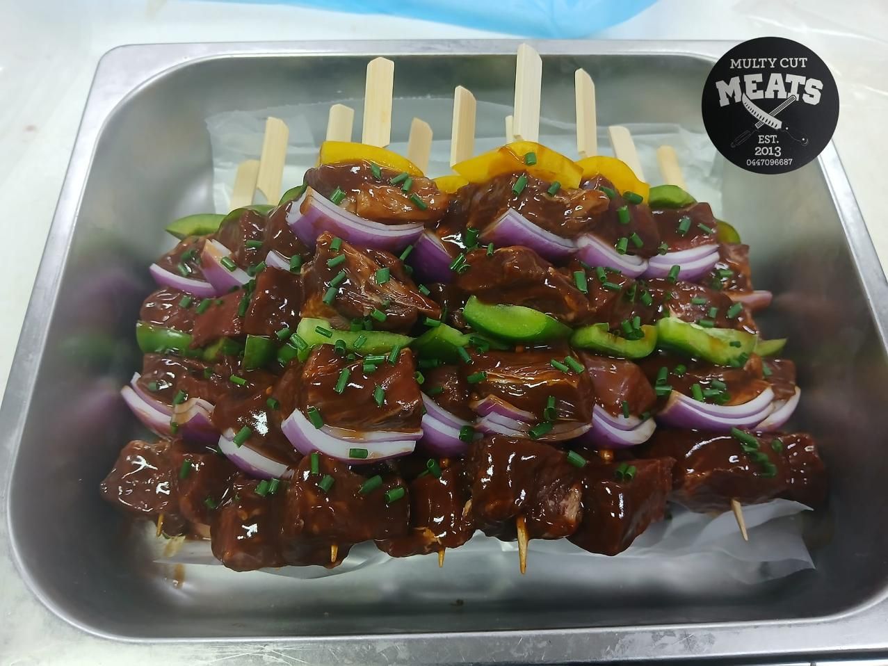 A Tray of Meats With Onions and Peppers on Sticks — Multy Cut Meats In Yorkeys Knob, QLD