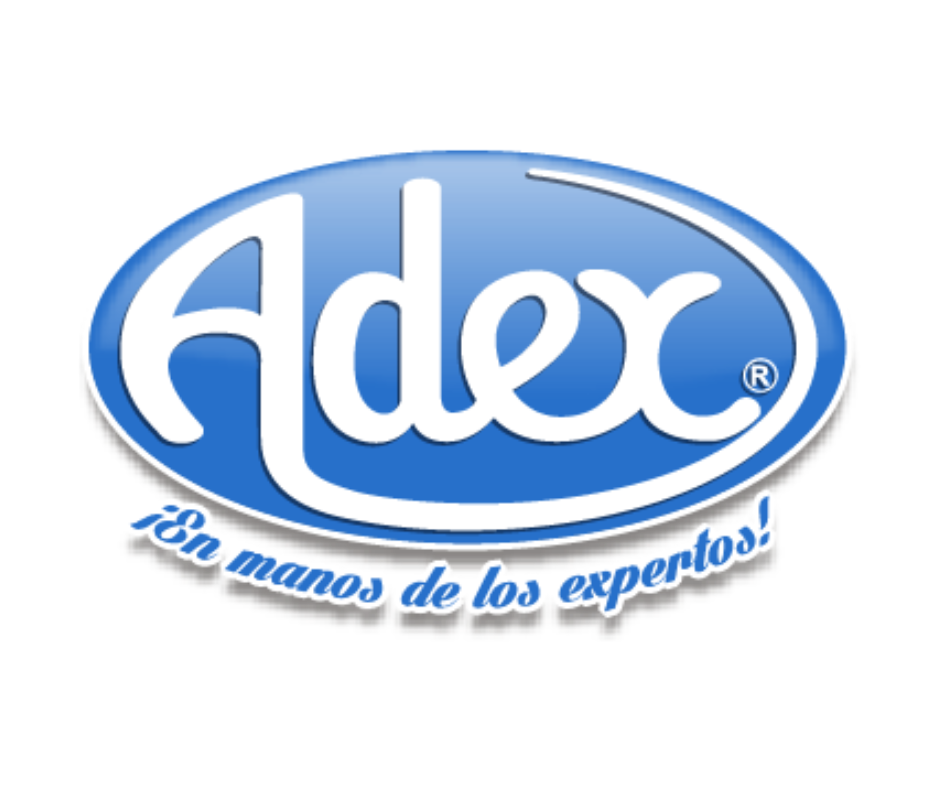 Un logotipo de Adex azul y blanco sobre un fondo blanco.