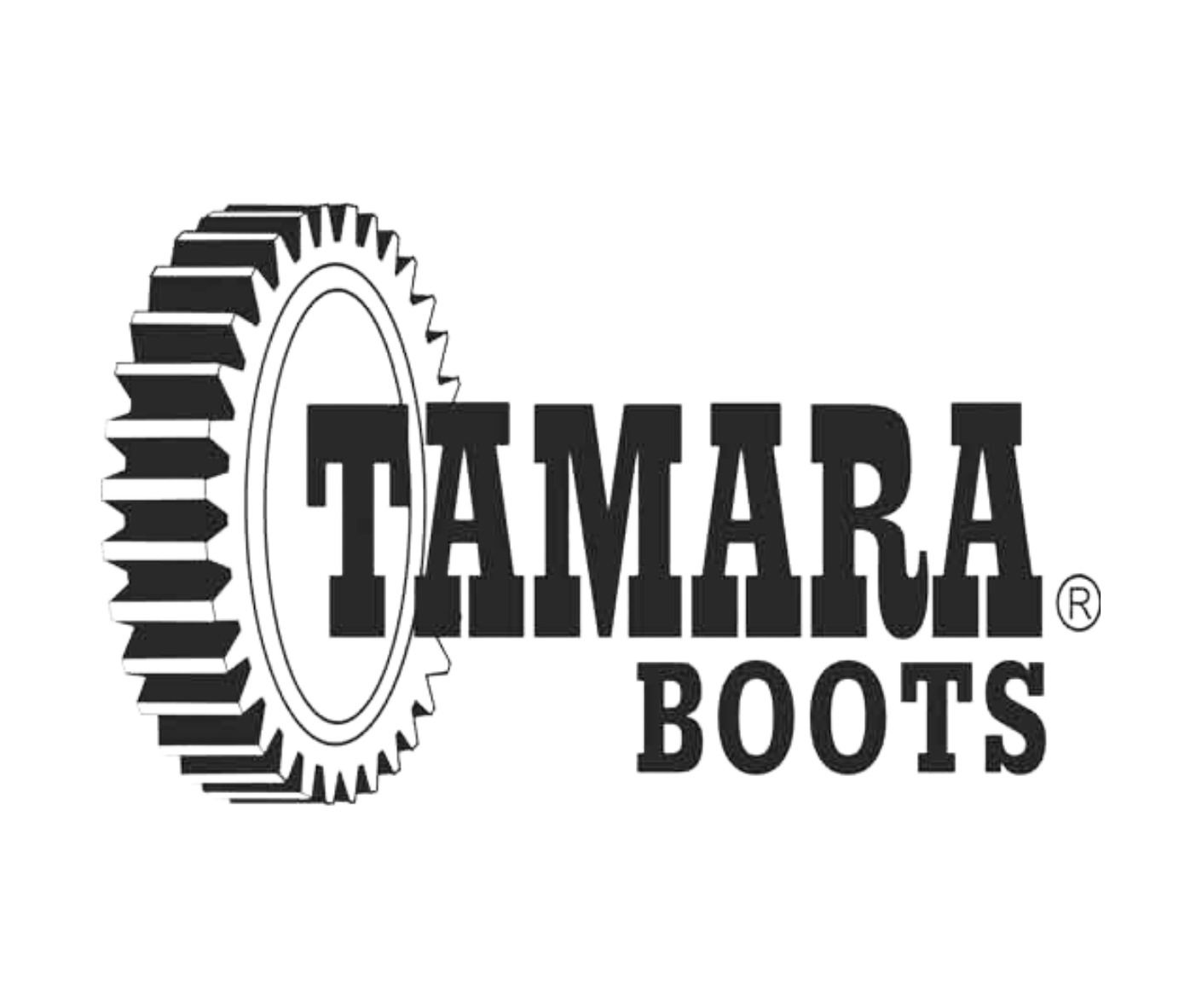 Un logotipo en blanco y negro para botas tamara con un engranaje en el medio.