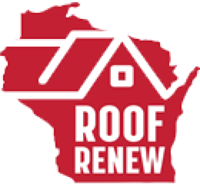 The logo for roof renew is a map of wisconsin with a roof.