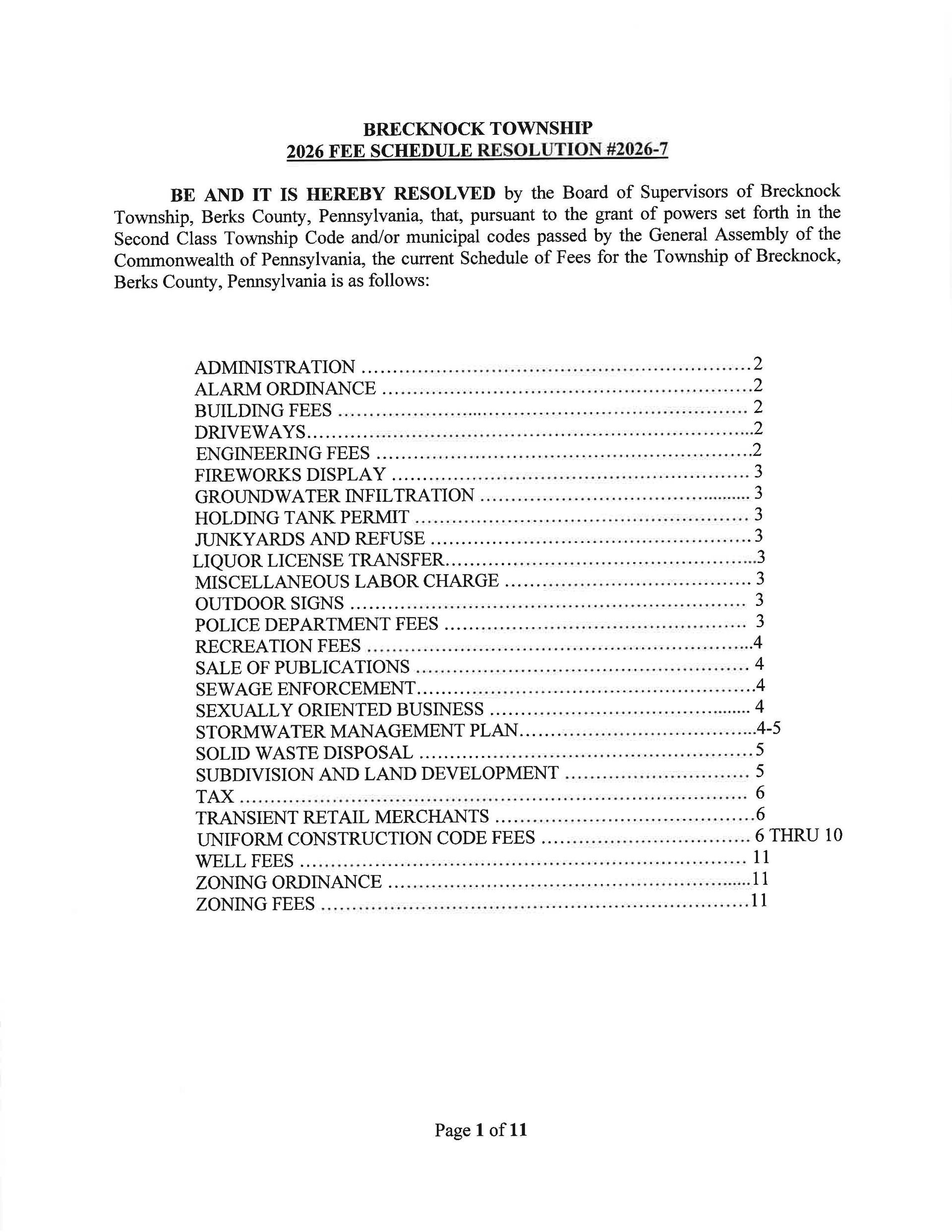 Brecknock Township 2026 Fee Schedule