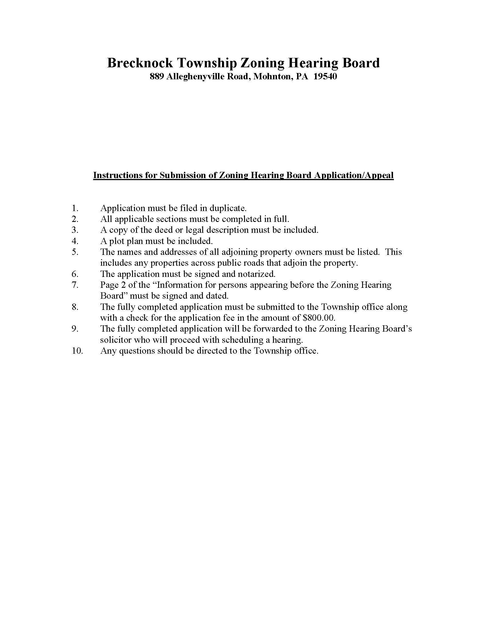 Zoning Hearing Board Instructions For Submission of Application