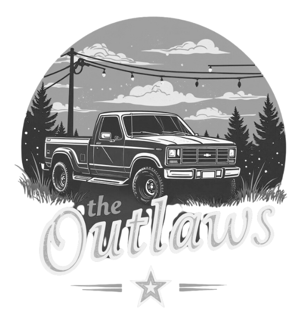 A black and white illustration of a truck with the words the outlaws below it