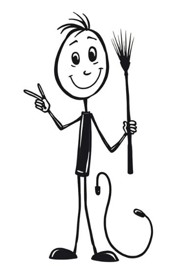 A stick figure is holding a broom and pointing.