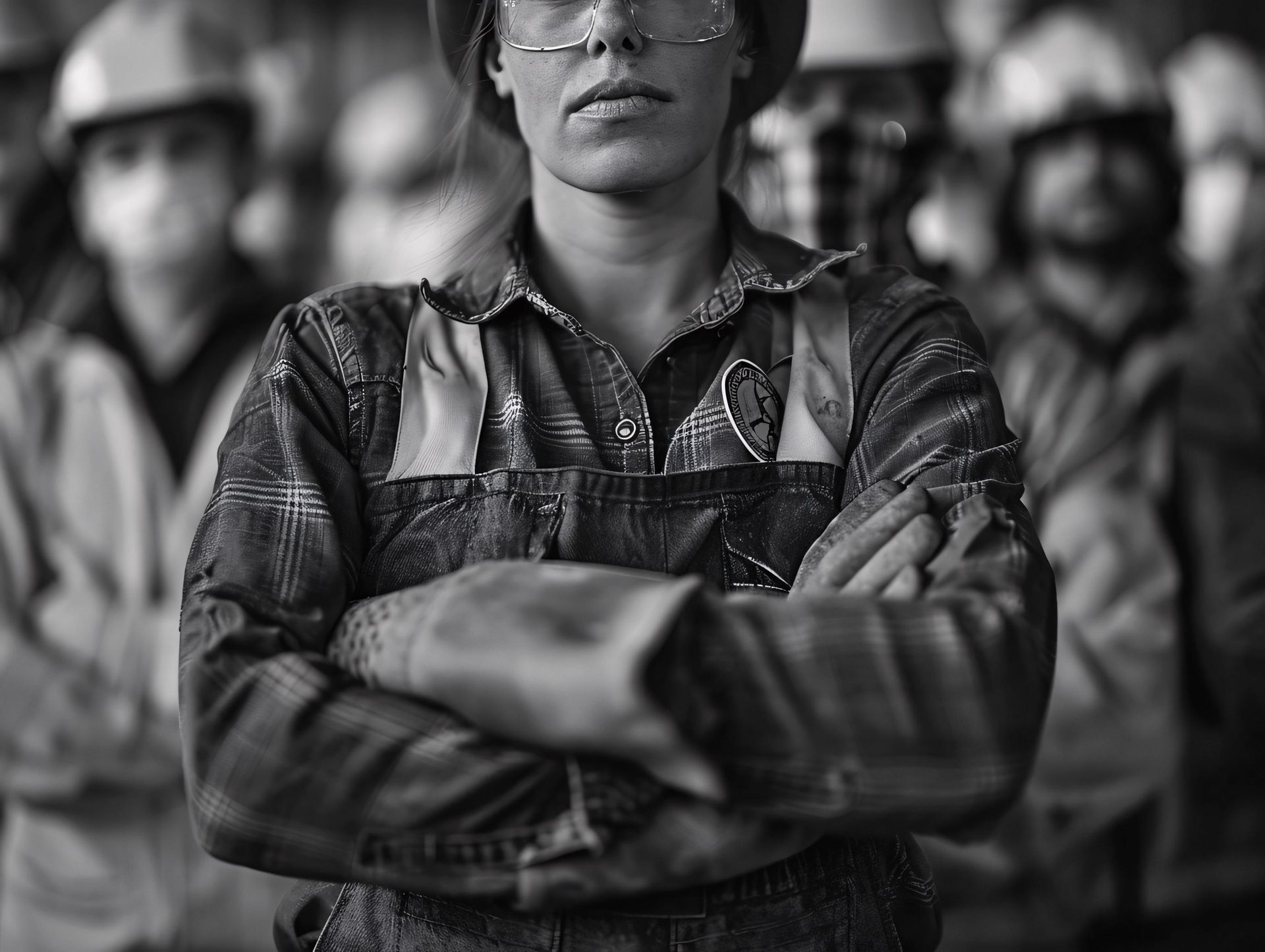 A black and white photo of a woman with her arms crossed.