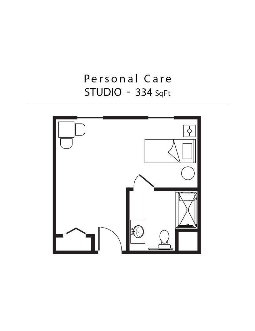 A black and white floor plan of a personal care studio.