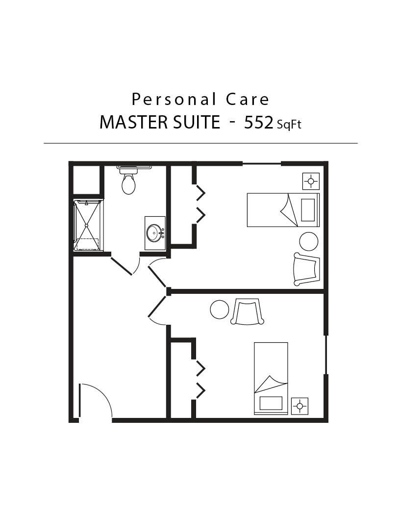 A black and white floor plan of a personal care master suite.