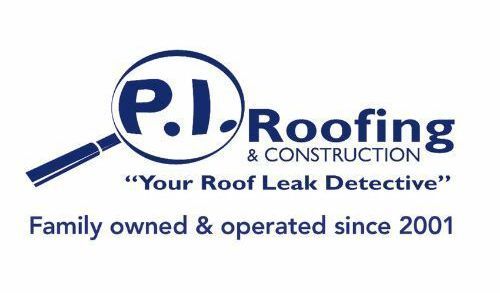 The logo for p.i. roofing and construction says `` your roof leak detective ''.