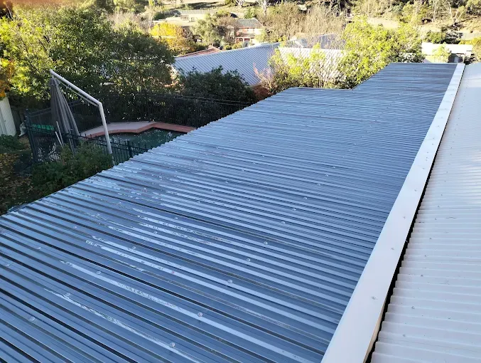 Metal roof or awning beside a light-colored walkway, surrounded by greenery Metal roof or awning beside a light-colored walkway, surrounded by greenery
