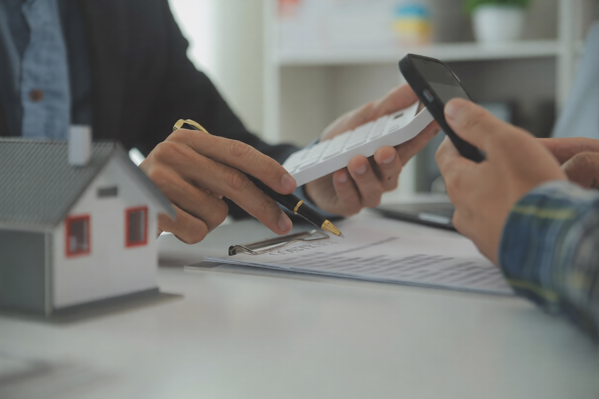 Hands reviewing a house model and paperwork at a desk with a smartphone