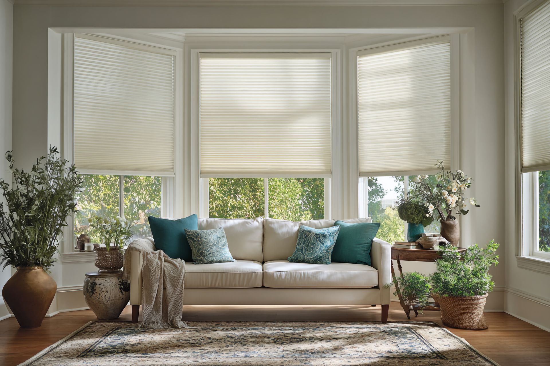A set of four cellular shades in a formal sitting room