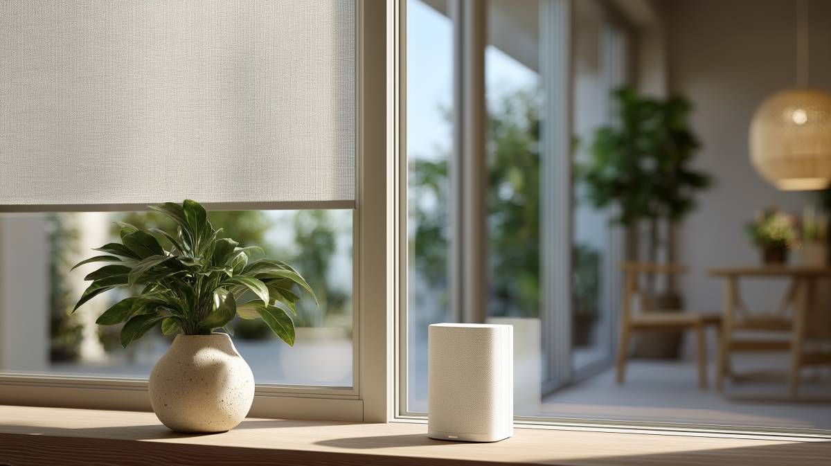 An automatic window shade in a neutral white color near Greenville