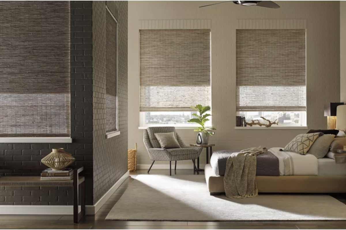 Hunter Douglas Provenance® Woven Wood Shades in a contemporary bedroom near Greenville, SC