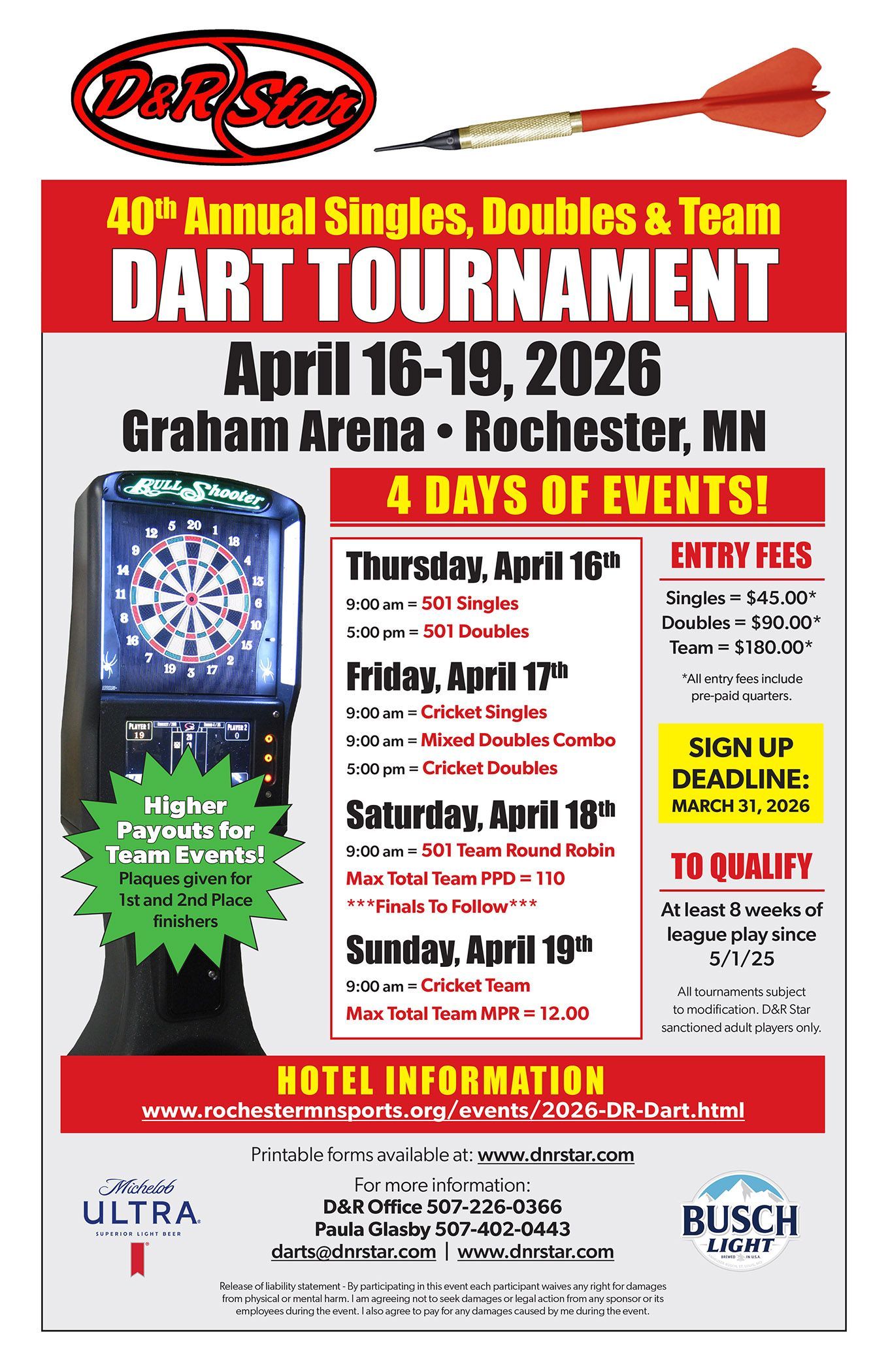 Flyer with updates for the C&R Star Dart League season. Announces a new sanctioning opportunity and a tournament in Green Bay, WI.