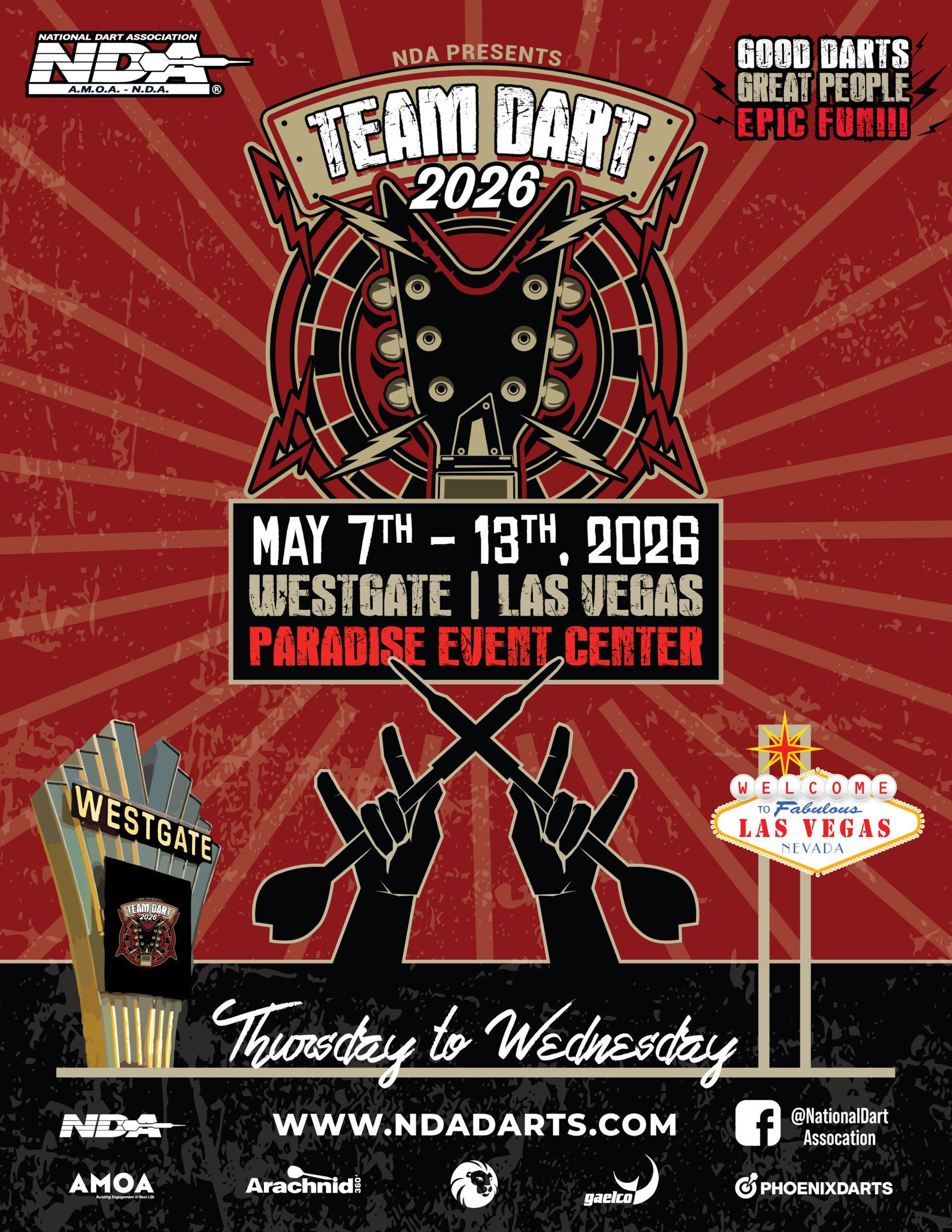 Dart tournament schedule. Shows dates, locations, and hosts for upcoming events in Minnesota, Nevada, and Iowa.