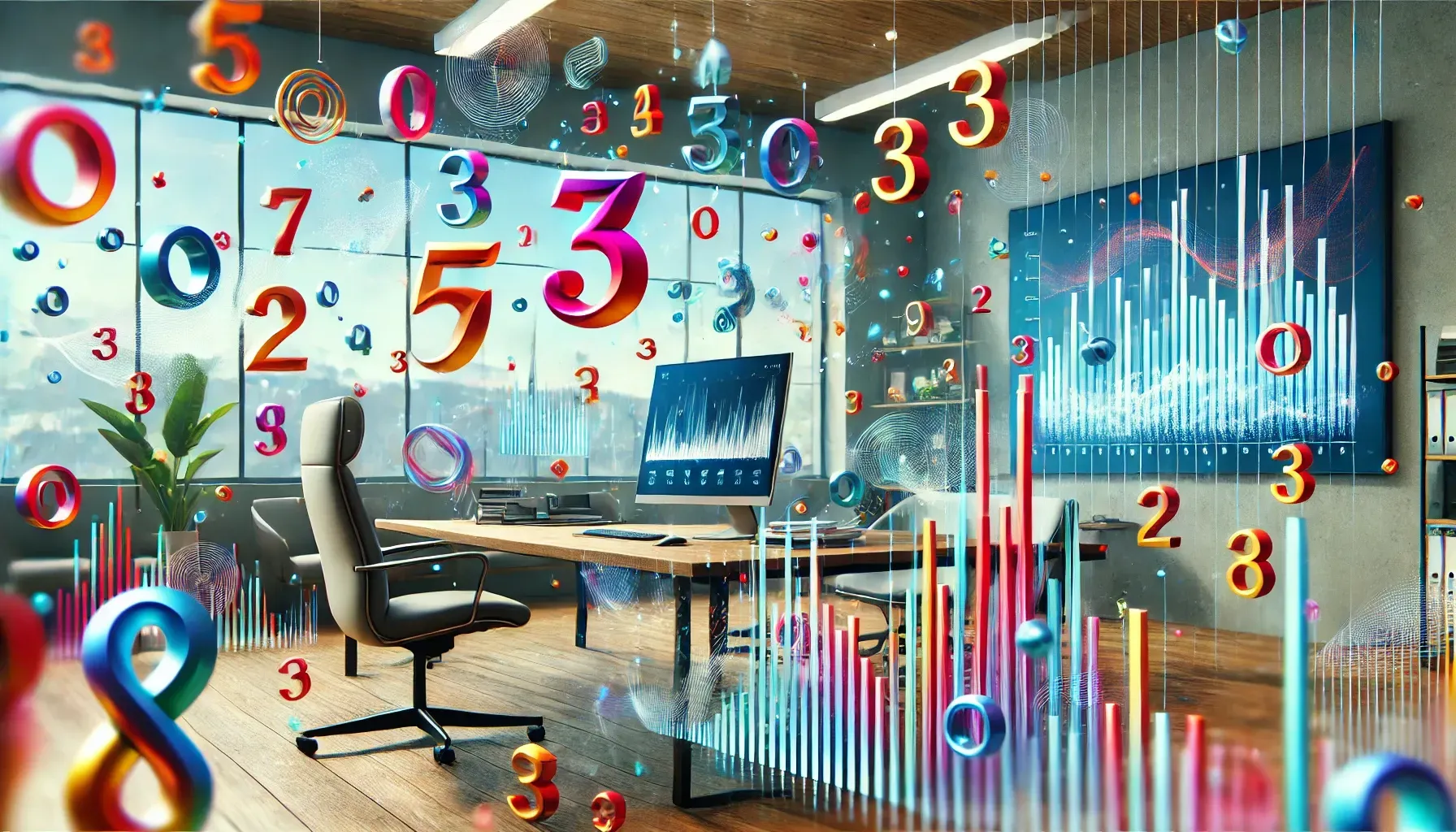 A business office full of floating numbers
