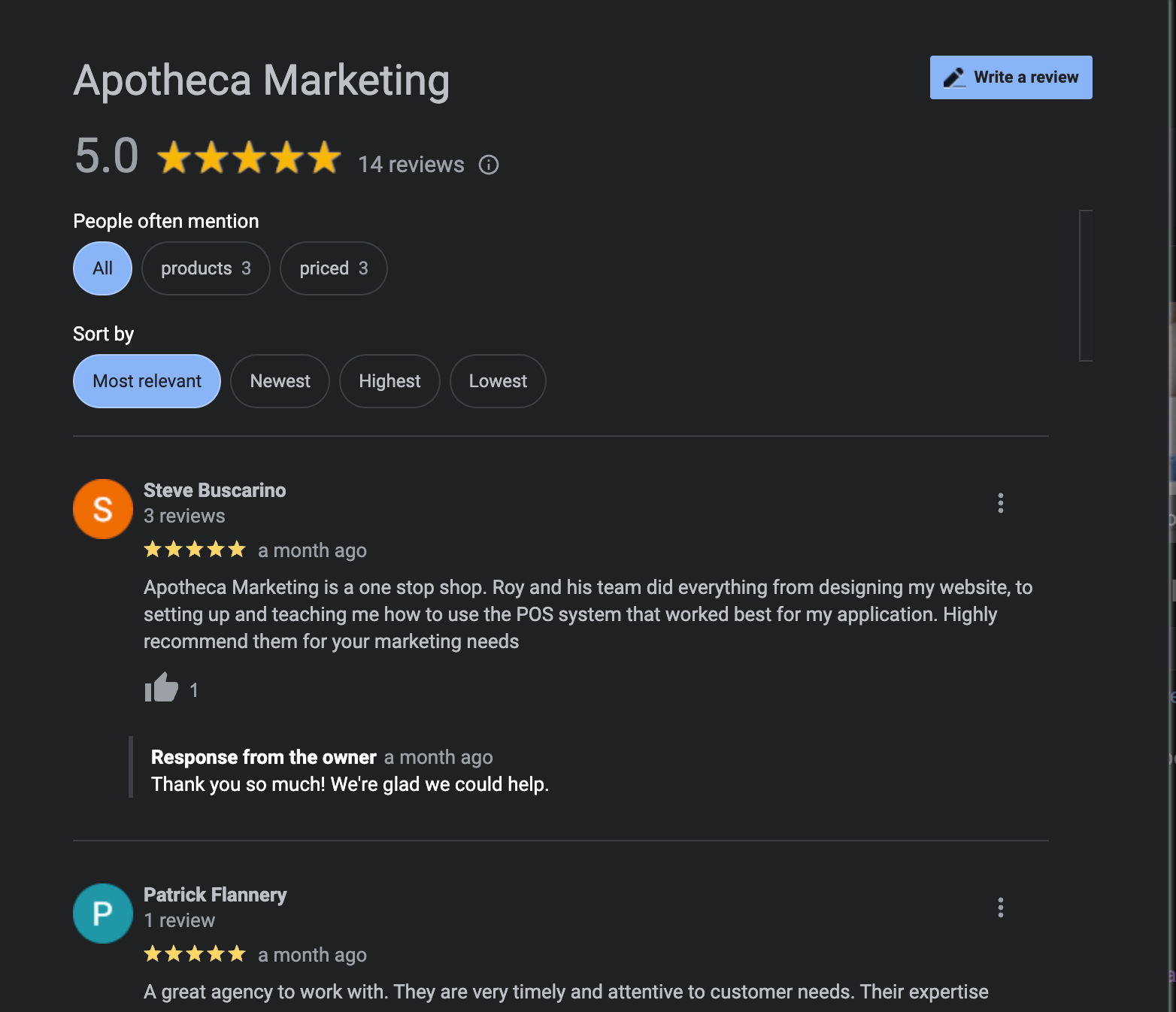 a screenshot of a google review for apotheca marketing