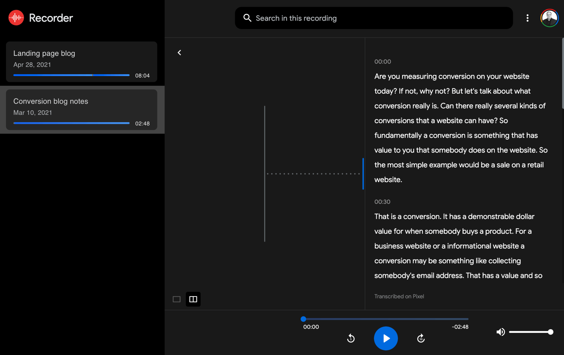 Google's recorder app transcription