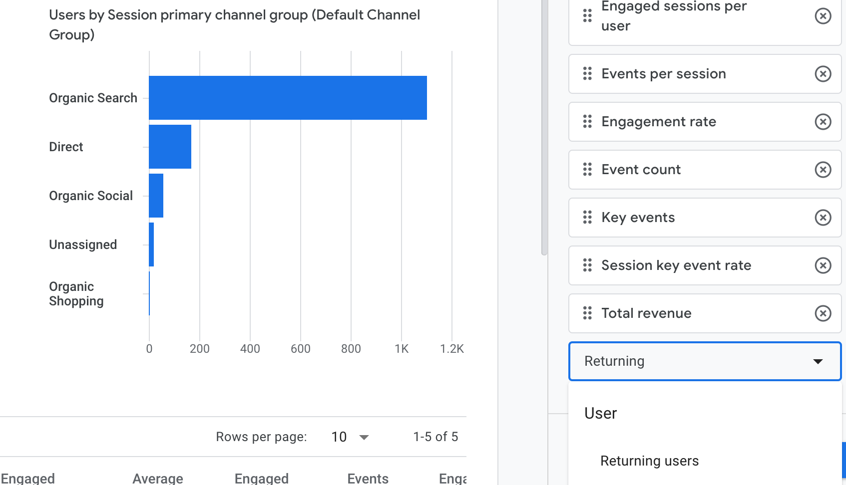 Screenshot that shows how to add returning users to GA4 reports