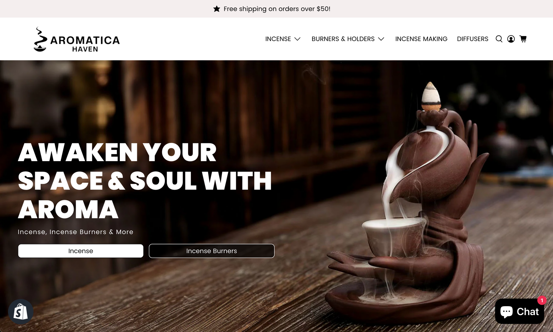 A website that says awaken your space and soul with aroma.