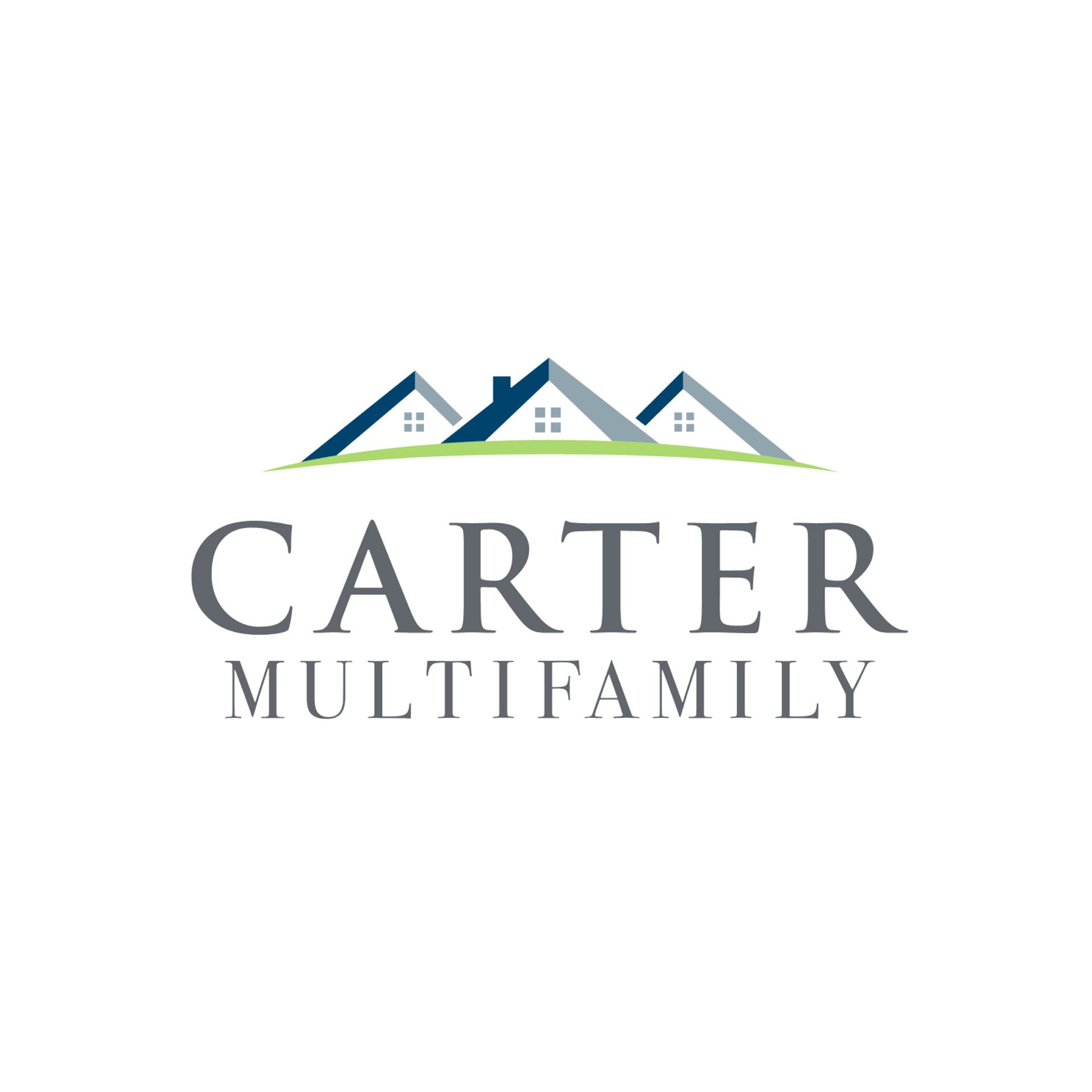 A logo for carter multifamily with three houses on top of a hill.