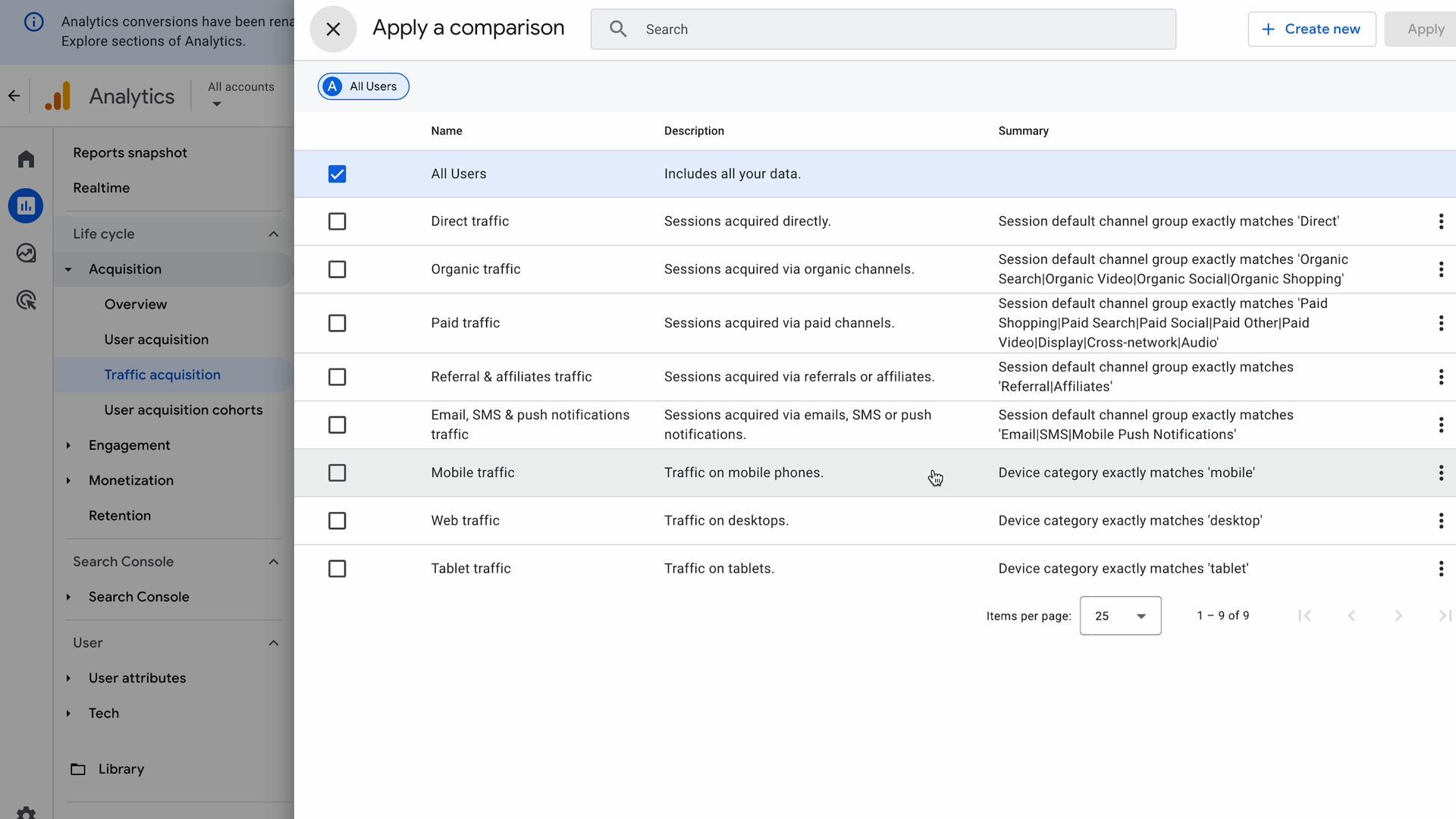 Screenshot of GA4's new compare feature