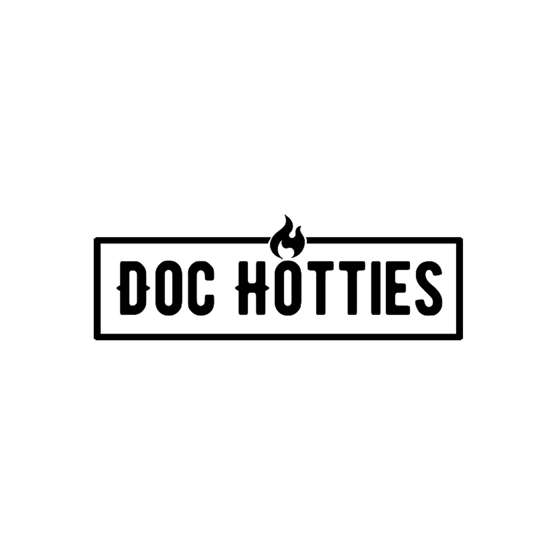A black and white logo for a restaurant called doc hotties.