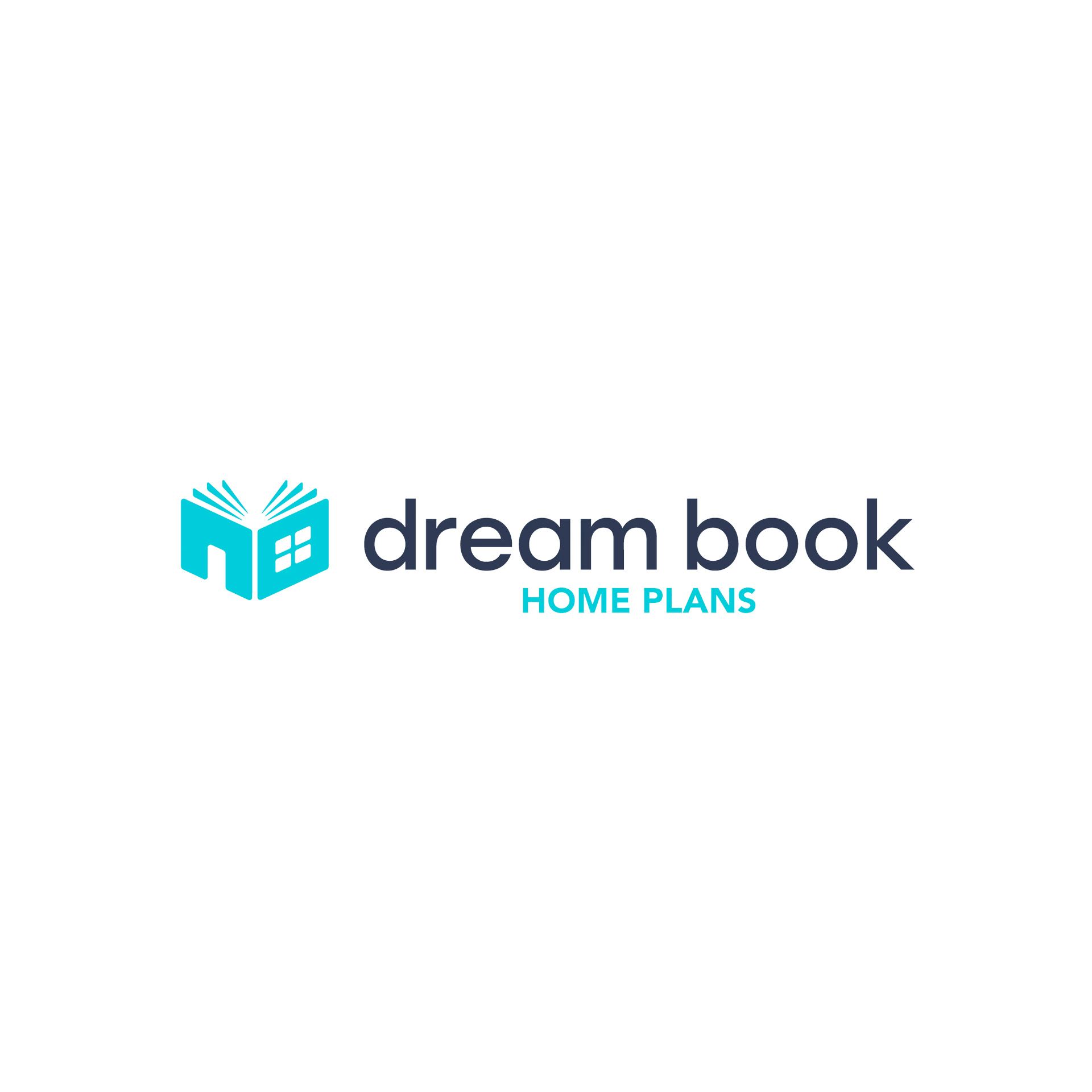 The logo for dream book home plans is a book with a house on it.